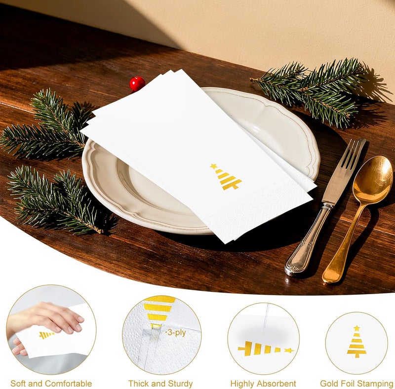 Tbsone Christmas Paper Napkins Disposable: Guest Dinner Hand Towels, Gold Foil Christmas Trees Design for Table Decor, Bathroom, Home, Kitchen, Holiday Cocktail Party (50 Pack) - Image 4